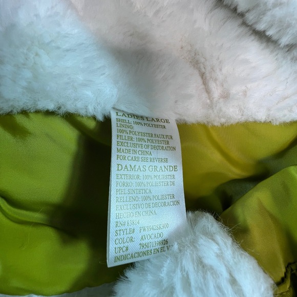 Green Tea Women's Large Puffer Vest Avocado Green Faux Fur Hood Zip - Picture 8 of 9